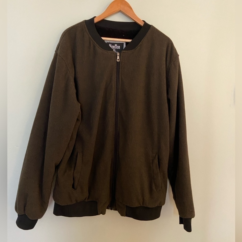 Hanton Brown Sweater Jacket Mens Size XL Fleece Lining Pockets Full Zip